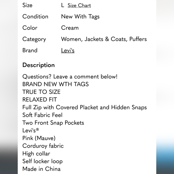 Levi's Ladies' Corded Puffer Jacket nwt - Picture 7 of 8